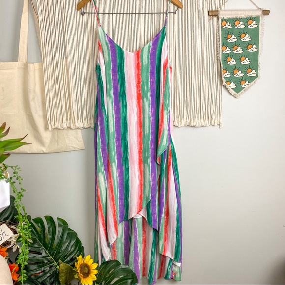 Lulu's Brushstroke of Luck Green Purple Red Pink Watercolor Midi Dress Medium - Picture 2 of 15